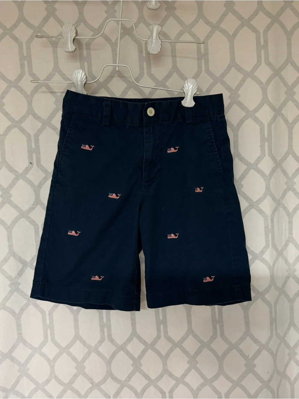 Vineyard Vines Navy Shorts with American Flag Whale Embroidery